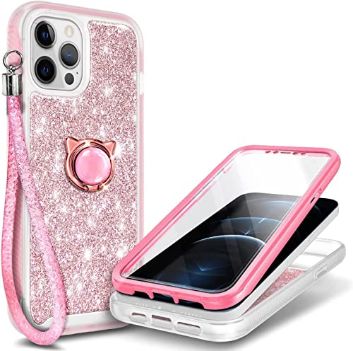 NGB Supremacy Compatible with iPhone 12/12 Pro Case, Full Body Protection with [Built-in Screen Protector] Ring Holder/Wrist Strap, Slim Fit Shockproof Bumper Durable Cover Case (Glitter Rose Gold)