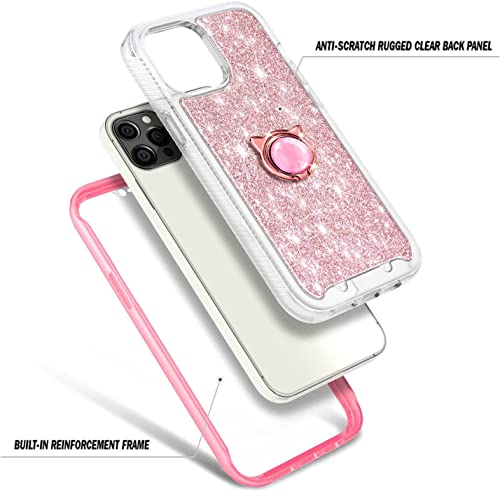 NGB Supremacy Compatible with iPhone 12/12 Pro Case, Full Body Protection with [Built-in Screen Protector] Ring Holder/Wrist Strap, Slim Fit Shockproof Bumper Durable Cover Case (Glitter Rose Gold)