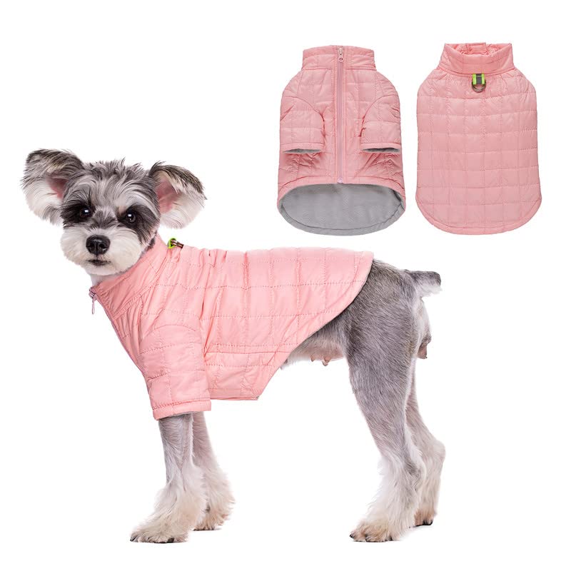 Small Dogs Winter Warm Coat, Water-Resistant Fleece Puppy Vest, High Collar Warm Padded Rainproof Snowsuit, Lightweight Outdoor Windproof Dog Clothes with Zipper and D Ring, Doggie Puffer Jacket