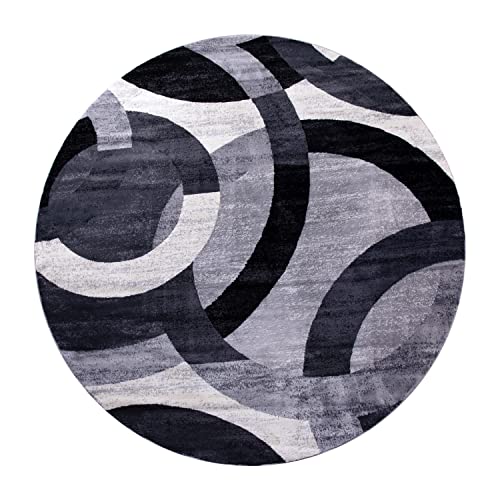 Masada Masada Rugs, Thatcher Collection Accent Rug with Interlocking Circle Pattern in Black/Grey with Olefin Facing and Natural Jute Backing - 8'x8' Round