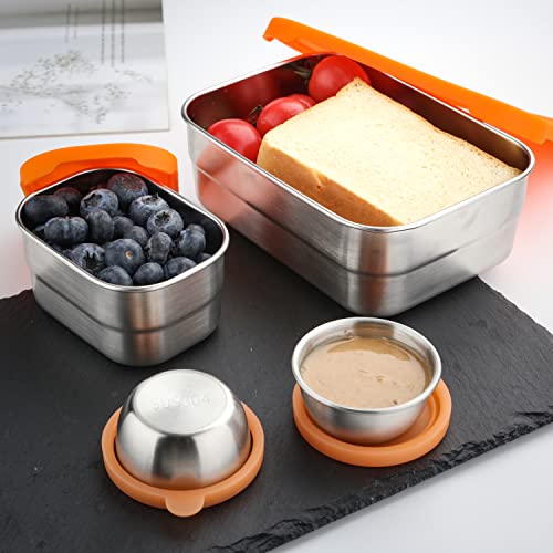 zeeooil Stainless Steel Containers with Lids Set of 4 Reusable Food Storage Container with Sauce Cups Leak Proof Lunch Container Bento Box(720ml, 230ml, 50ml*2)