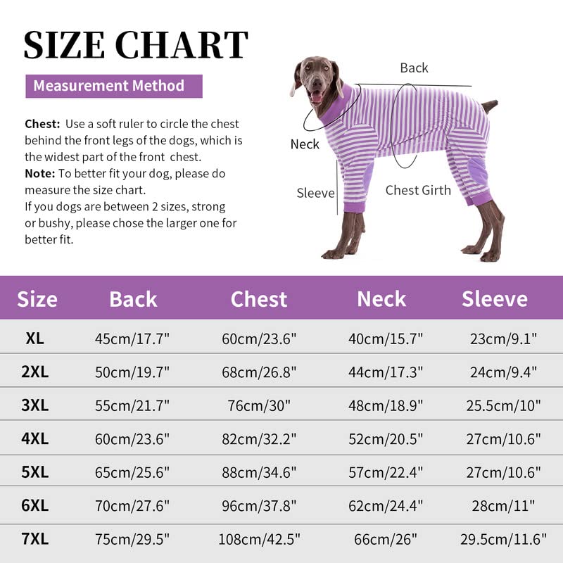 Large Dogs Pajamas, Stripes Cotton Stretchable Dog Jumpsuit, 4 Legs Lightweight Dog Onesie Pjs Clothes Apparel with Zipper Closer and Elbow Pads, Full Coverage Large Breed Dogs Anti-Shedding Suit