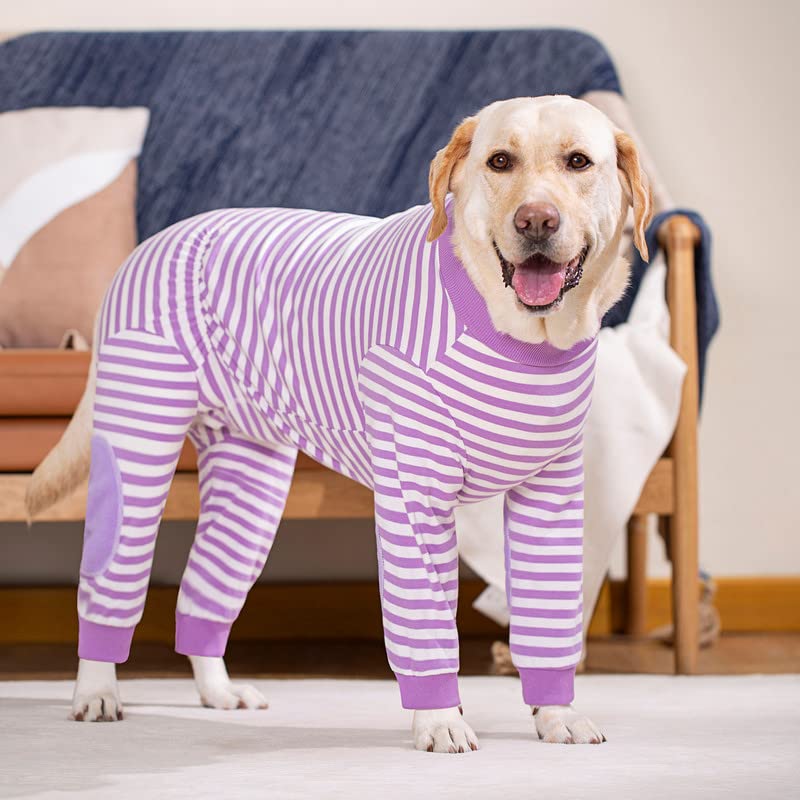 Large Dogs Pajamas, Stripes Cotton Stretchable Dog Jumpsuit, 4 Legs Lightweight Dog Onesie Pjs Clothes Apparel with Zipper Closer and Elbow Pads, Full Coverage Large Breed Dogs Anti-Shedding Suit