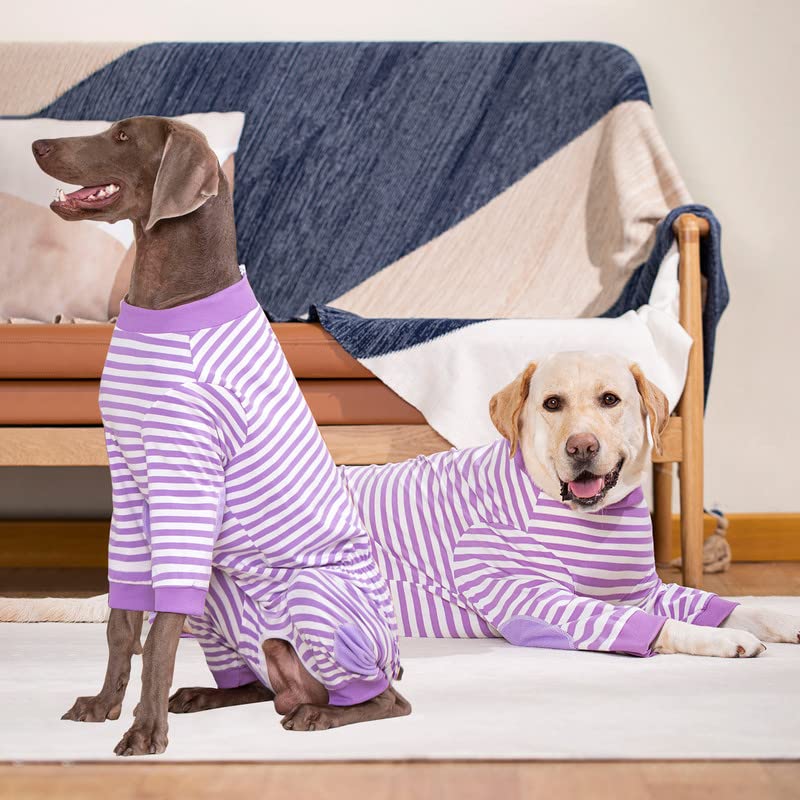 Large Dogs Pajamas, Stripes Cotton Stretchable Dog Jumpsuit, 4 Legs Lightweight Dog Onesie Pjs Clothes Apparel with Zipper Closer and Elbow Pads, Full Coverage Large Breed Dogs Anti-Shedding Suit