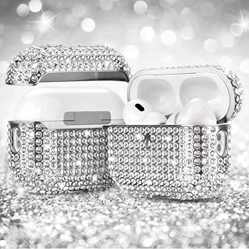Case for AirPods Pro 2nd Generation, Filoto Cute AirPod Pro 2 Protective Case Cover for Women Girls, Bling Crystal PC Apple Air Pods Pro Cases Accessories with Lobster Clasp Keychain (Silver)