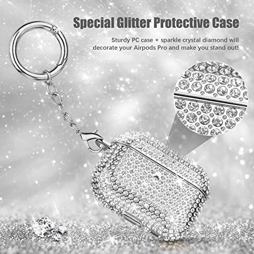 Case for AirPods Pro 2nd Generation, Filoto Cute AirPod Pro 2 Protective Case Cover for Women Girls, Bling Crystal PC Apple Air Pods Pro Cases Accessories with Lobster Clasp Keychain (Silver)