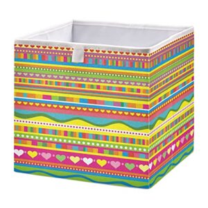 xigua storage cube hearts strip pattern foldable storage bins, closet shelves organizer fabric storage baskets for clothes, toys, books, office supplies (square)