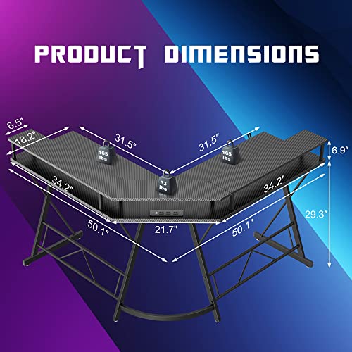 FEMOND L Shaped Gaming Desk with Led Lights & Power Outlet, Computer Corner Desk with Carbon Fiber Surface, Ergonomic Gamer Table with Cup Holder & Headphone Hook, Large Monitor Stand, Black, 50''