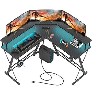 femond l shaped gaming desk with led lights & power outlet, computer corner desk with carbon fiber surface, ergonomic gamer table with cup holder & headphone hook, large monitor stand, black, 50''