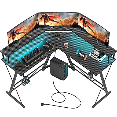 FEMOND L Shaped Gaming Desk with Led Lights & Power Outlet, Computer Corner Desk with Carbon Fiber Surface, Ergonomic Gamer Table with Cup Holder & Headphone Hook, Large Monitor Stand, Black, 50''