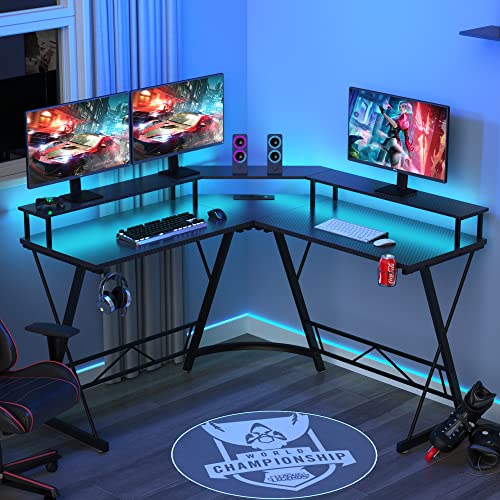 FEMOND L Shaped Gaming Desk with Led Lights & Power Outlet, Computer Corner Desk with Carbon Fiber Surface, Ergonomic Gamer Table with Cup Holder & Headphone Hook, Large Monitor Stand, Black, 50''