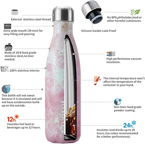 BJPKPK Insulated Water Bottles -17oz/500ml -Stainless Steel Water bottles,Sports water bottles Keep cold for 24 Hours and hot for 12 Hours,BPA Free kids water bottles for School-Marble Sakura