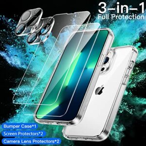 JETech 3 in 1 Case for iPhone 13 Pro 6.1-Inch, with 2-Pack Screen Protector and 2-Pack Camera Lens Protector, Non-Yellowing Shockproof Bumper Phone Cover, Full Coverage Tempered Glass Film (Clear)