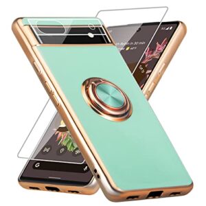 aitipy for google pixel 6a case, built-in 360 rotation ring holder with screen protector & camera lens protector, luxury shiny electroplated edged shockproof protective phone cover (mint/golden)