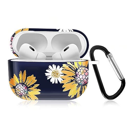 Casewind Compatible with AirPods Pro Case, [with Keychain] Glitter Floral Sunflower Cute AirPod Pro Case Cover Full Protective Hard Shockproof AirPods Pro Case for Women Girl Men,Front LED Visible