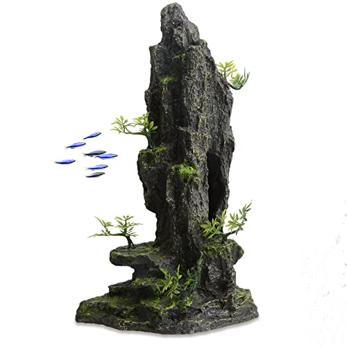 PENCK Aquarium Mountain Decoration Rock Hiding Cave Fish Tank Decor Resin Stone Aquarium Ornament Accessories Landscape with Small Artificial Plants