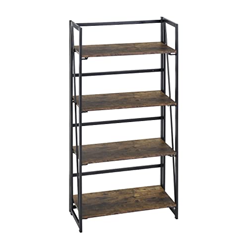 FurnitureR 4-Tier Bookcase Folding Bookshelf Home Office Industrial Bookcase with Metal Frame No Assembly Storage Shelves Vintage Flower Stand Rustic Book Rack Organizer, 23.6 X 11.8 X 49.2 Inches