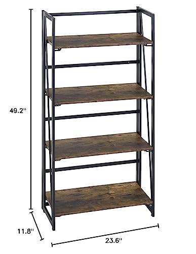 FurnitureR 4-Tier Bookcase Folding Bookshelf Home Office Industrial Bookcase with Metal Frame No Assembly Storage Shelves Vintage Flower Stand Rustic Book Rack Organizer, 23.6 X 11.8 X 49.2 Inches