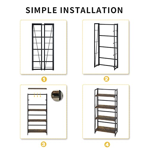 FurnitureR 4-Tier Bookcase Folding Bookshelf Home Office Industrial Bookcase with Metal Frame No Assembly Storage Shelves Vintage Flower Stand Rustic Book Rack Organizer, 23.6 X 11.8 X 49.2 Inches