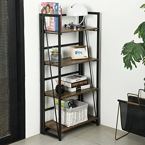 FurnitureR 4-Tier Bookcase Folding Bookshelf Home Office Industrial Bookcase with Metal Frame No Assembly Storage Shelves Vintage Flower Stand Rustic Book Rack Organizer, 23.6 X 11.8 X 49.2 Inches