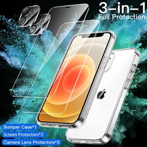 JETech 3 in 1 Case for iPhone 12 Mini 5.4-Inch, with 2-Pack Screen Protector and Camera Lens Protector, Non-Yellowing Shockproof Bumper Phone Cover, Full Coverage Tempered Glass Film (Clear)