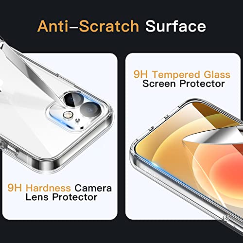 JETech 3 in 1 Case for iPhone 12 6.1-Inch, with 2-Pack Screen Protector and 2-Pack Camera Lens Protector, Non-Yellowing Shockproof Bumper Phone Cover, Full Coverage Tempered Glass Film (Clear)