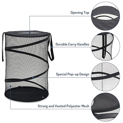 Mesh Popup Laundry Hamper 115L Foldable Laundry Basket Extra Large Capacity Collapsible Clothing Storage Basket with Handles 26 H x 18 W x 18 L (Black)