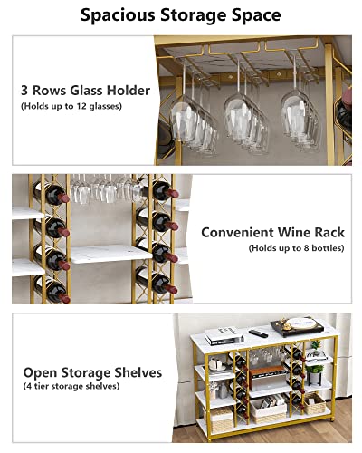 Teraves Modern Wine Rack Table, 47 Inch Wine Baker's Rack with Storage Shelves, 4 Tier Freestanding Wine Rack for Bar, Buffet, Home Kitchen Dining Room Living Room (White Marbling+ Gold Frame)