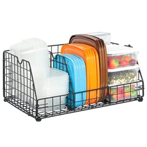 multifunction food container lid organizer basket,adjustable 3 dividers container organizer lid organizer,lid organizer for plastic lids compatible with lid and containers for cabinets,pantry,black