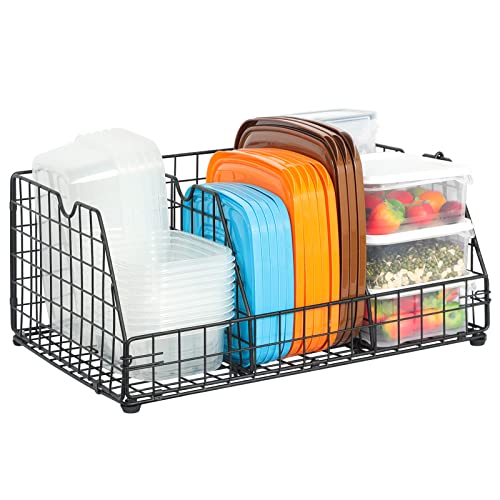 Multifunction Food Container Lid Organizer Basket,Adjustable 3 Dividers Container Organizer Lid Organizer,Lid Organizer for Plastic Lids Compatible with Lid and Containers for Cabinets,Pantry,Black