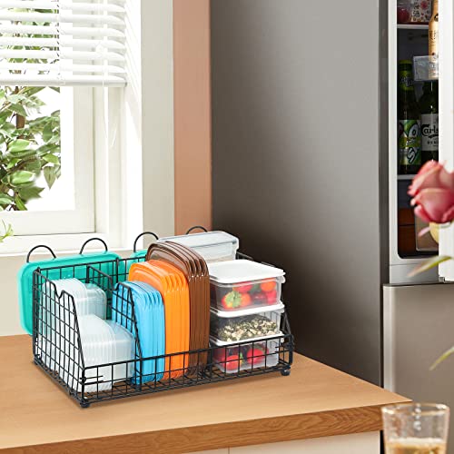 Multifunction Food Container Lid Organizer Basket,Adjustable 3 Dividers Container Organizer Lid Organizer,Lid Organizer for Plastic Lids Compatible with Lid and Containers for Cabinets,Pantry,Black