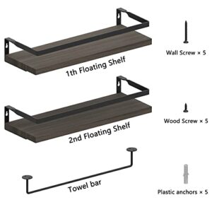 RichFire Floating Shelves Set of 2, Wall Shelves for Bathroom, Kitchen, Bedroom& Living Room, Dark Brown Shelves for Wall Décor, Shelves with Towel Bar