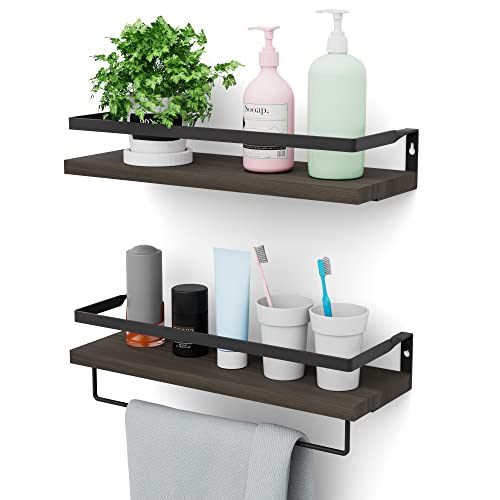 RichFire Floating Shelves Set of 2, Wall Shelves for Bathroom, Kitchen, Bedroom& Living Room, Dark Brown Shelves for Wall Décor, Shelves with Towel Bar