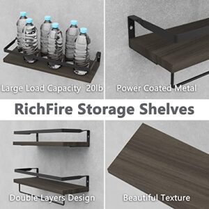 RichFire Floating Shelves Set of 2, Wall Shelves for Bathroom, Kitchen, Bedroom& Living Room, Dark Brown Shelves for Wall Décor, Shelves with Towel Bar