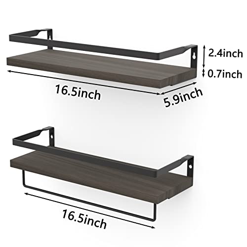 RichFire Floating Shelves Set of 2, Wall Shelves for Bathroom, Kitchen, Bedroom& Living Room, Dark Brown Shelves for Wall Décor, Shelves with Towel Bar