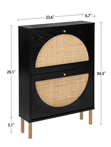 HomVent Rattan Shoe Cabinet with 2 Flip Drawers, Freestanding Rattan Shoe Organizer Hidden Shoe Storage Cabinet, Rustic Wood Entryway Shoe Rack for Entryway, Living Room (2 Drawers, Black)