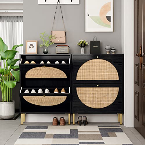 HomVent Rattan Shoe Cabinet with 2 Flip Drawers, Freestanding Rattan Shoe Organizer Hidden Shoe Storage Cabinet, Rustic Wood Entryway Shoe Rack for Entryway, Living Room (2 Drawers, Black)