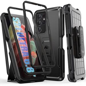 amrhino for samsung galaxy s21 ultra case with built-in screen protector & kickstand & s pen holder & rugged belt-clip, full-body heavy duty phone case for samsung s21 ultra 5g 6.8 inch, black