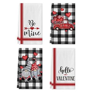 artoid mode buffalo plaid gnomes truck hello valentine kitchen towels dish towels, 18x26 inch seasonal valentine's day decoration hand towels set of 4