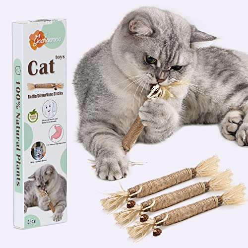 Gochanmon Cat Toys-3Pcs Natural Silvervine Sticks-Catnip Cat Chew Toys for Kitten Teeth Cleaning-Matatabi Cat Treat Toy-Edible Kitty Toys for Cats Lick (3Psc)