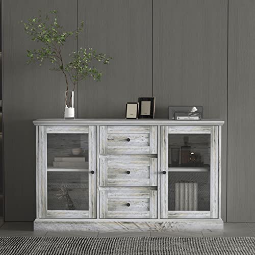 furduzz Kitchen Sideboard 52” Buffet Cabinet with Glass Doors, 3 Drawers and Display Shelves,Wooden Coffee Bar Cupboard Server Console Table Floor Cabinet for Home Dining Room Living Room Storage,Gray