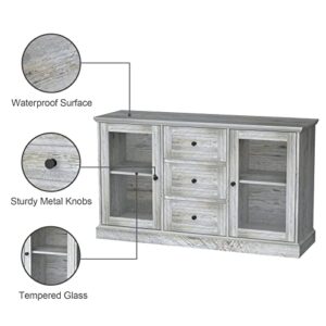 furduzz Kitchen Sideboard 52” Buffet Cabinet with Glass Doors, 3 Drawers and Display Shelves,Wooden Coffee Bar Cupboard Server Console Table Floor Cabinet for Home Dining Room Living Room Storage,Gray