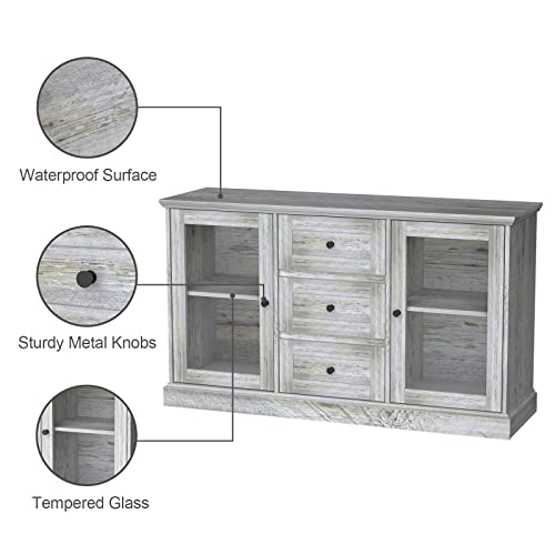 furduzz Kitchen Sideboard 52” Buffet Cabinet with Glass Doors, 3 Drawers and Display Shelves,Wooden Coffee Bar Cupboard Server Console Table Floor Cabinet for Home Dining Room Living Room Storage,Gray