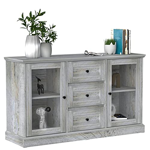 furduzz Kitchen Sideboard 52” Buffet Cabinet with Glass Doors, 3 Drawers and Display Shelves,Wooden Coffee Bar Cupboard Server Console Table Floor Cabinet for Home Dining Room Living Room Storage,Gray