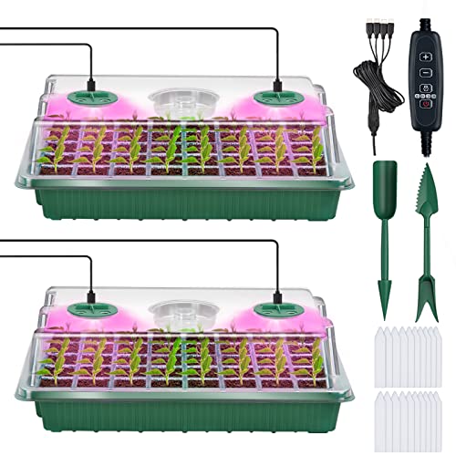 YAUNGEL Seed Starter Tray with Grow Light, Seed Starter Kit with Timing Controller Adjustable Brightness,80 Cells Seed Starter Tray for Indoor Planting with Humidity Domes Heightened Lids 2 Pack