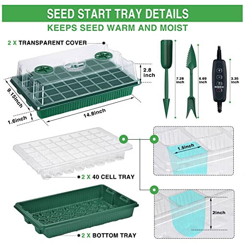 YAUNGEL Seed Starter Tray with Grow Light, Seed Starter Kit with Timing Controller Adjustable Brightness,80 Cells Seed Starter Tray for Indoor Planting with Humidity Domes Heightened Lids 2 Pack