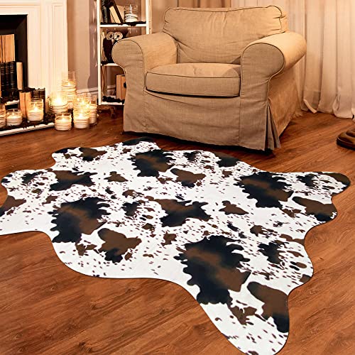 Aoczes Faux Cowhide Rug Cute Cow Print Rug Cow Rugs for Bedroom Living Room Nursery Western Home Decor Area Rug, Brown and White 4.6 x 5.2 Feet