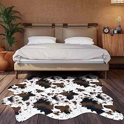 Aoczes Faux Cowhide Rug Cute Cow Print Rug Cow Rugs for Bedroom Living Room Nursery Western Home Decor Area Rug, Brown and White 4.6 x 5.2 Feet