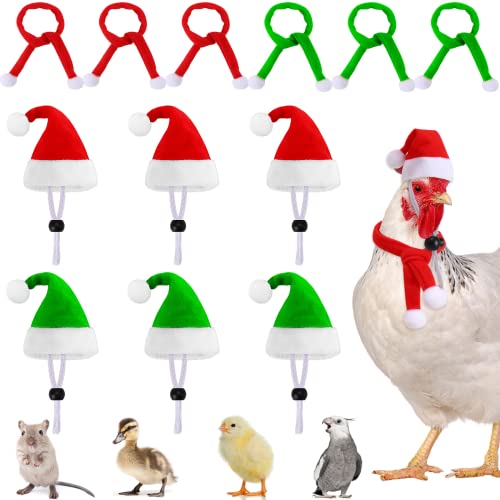 JUNEBRUSHS 12 Pcs Mini Santa Hats,Christmas Pet Chicken Hat Scarf Set Red Green Small Animal Hat with Adjustable for Poultry Hen Rooster Hamster Duck Lizard Guinea Pigs