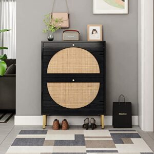 black rattan shoe storage cabinet with 2 flip drawers for entryway, freestanding shoe rack modern slim entryway shoe organizer with half round woven rattan doors for hallway